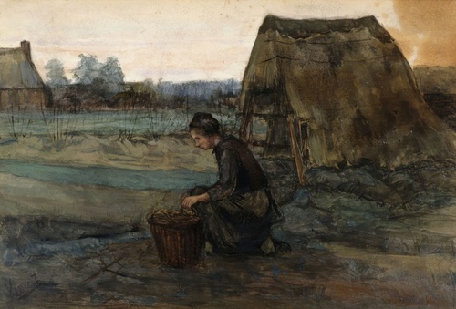 A Kneeling Peasant Woman in Front of a Hut