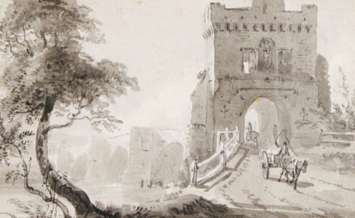 Bridge and gatehouse with figures
