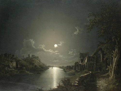 A Moonlit River Scene with Church Ruins