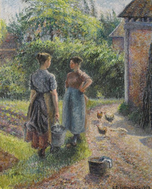 Peasant Women Chatting in a Farmyard, Eragny