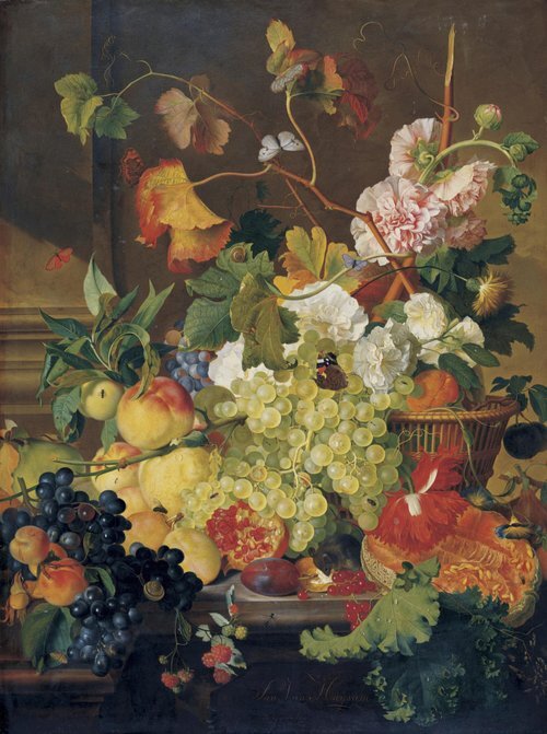 Still Life of Grapes, Peaches, a Melon and other Fruit, with Peonies in a Basket, all on a Stone Ledge