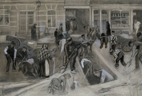 Lavoratori di strada che scavano un pozzo per le scale 1882