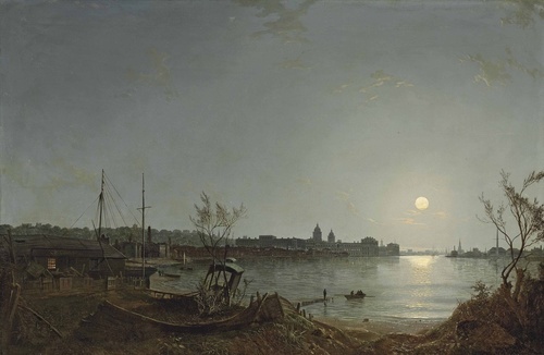 A view of Greenwich Reach from the Thames by moonlight, with the Hospital, Enderby House and the Telegraph House