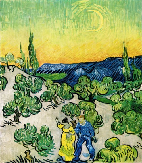 Couple Walking among Olive Trees in a Mountainous Landscape