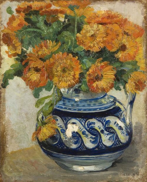 Still life of marigolds in a Westerwald jug