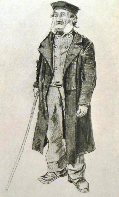 Workhouse-inmate with skull-cap and stick