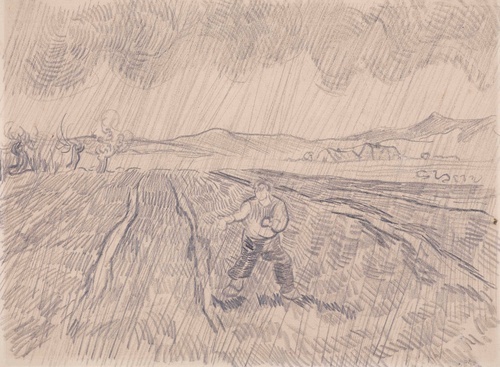 Campo cerrado con un sembrador en la lluvia
