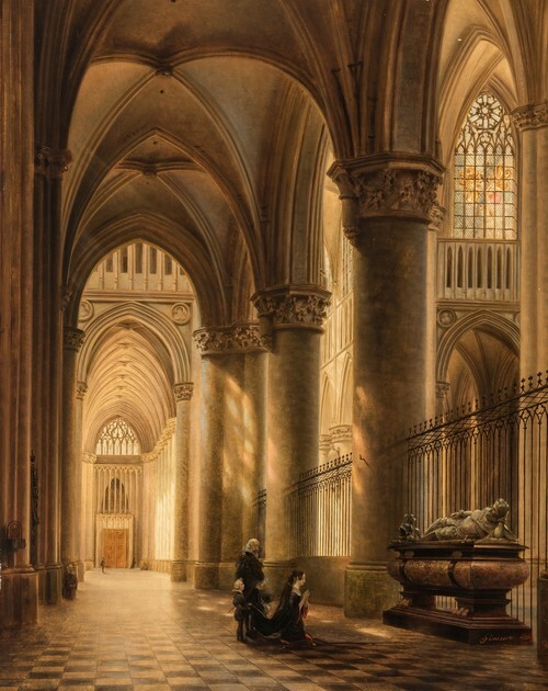 Gothic ambulatory with figures at a tomb, 1836