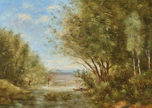 Wooded Riverbank with Angler in Boat