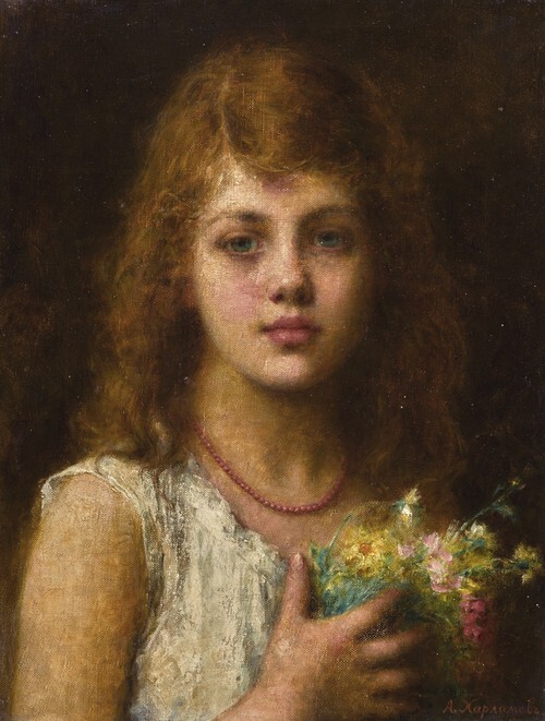 Portrait of a Girl Holding Flowers