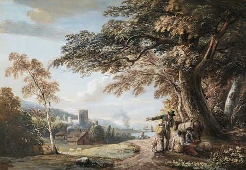 Travellers Resting on a Country Road, a Castle and Harbour Beyond