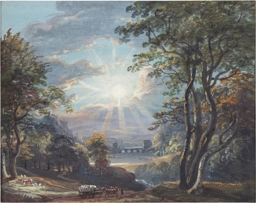 A Wooded Landscape with a Setting Sun