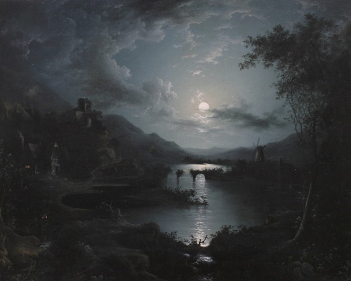 Moonlit River Scene, Windmill Beyond
