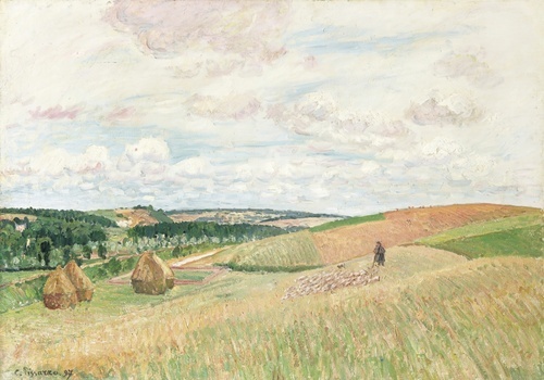 The Hills of Thierceville, haystacks, shepherd and flock