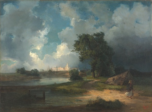 Vista del Cremlino dal ponte Krymsky in maltempo