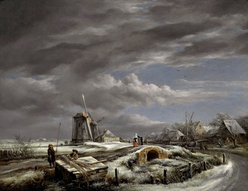 A winter landscape with figures on a path, a footbridge and windmills beyond