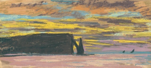 1885 Étretat, aiguille et porte d'aval, soleil couchant