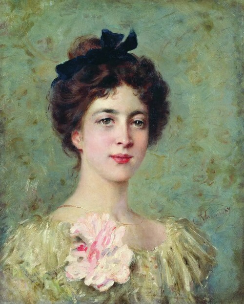 Porträt der jungen Dame mit rosa Schleife
