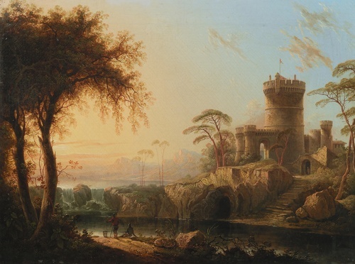 Figures fishing before a castle in an Italianate landscape 1842