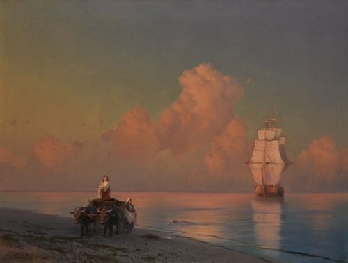 An Ox Drawn Cart on the Shore and a Swimmer in the Shallows