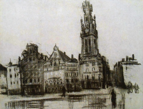 Old houses with the tower of the cathedral of Antwerp