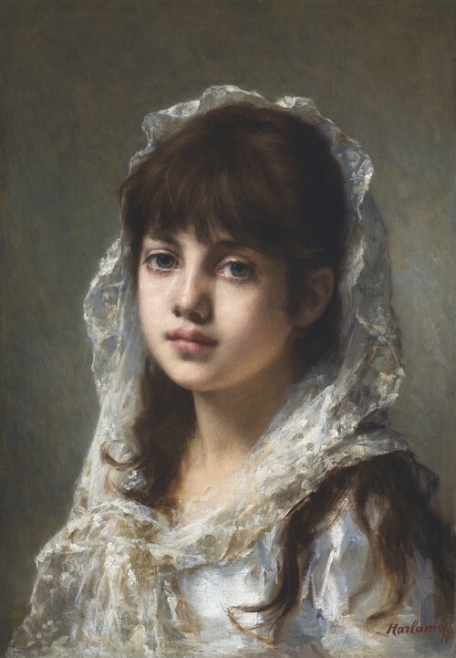 Portrait of a Young Girl Wearing a White Veil