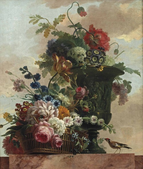 A wicker basket with roses, peonies and tulips and other flowers in a sculptured vase, with a bird on a marble ledge