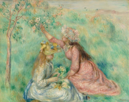 Flickor som plockar blommor i en äng