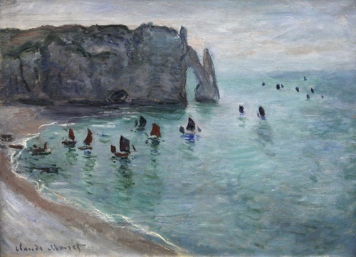 1885 Étretat, la porte d'Aval bateaux de pêche sortant du port