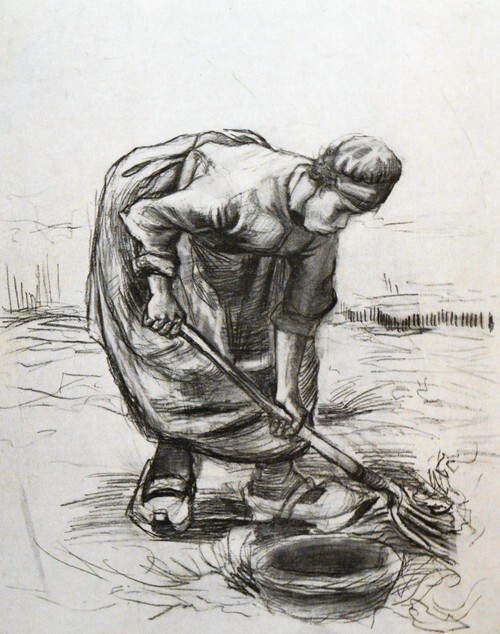 Peasant woman, digging potatoes, with basket