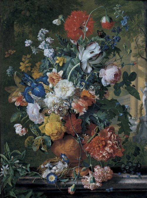 Flowers in a Terracotta Vase on a Marble Ledge
