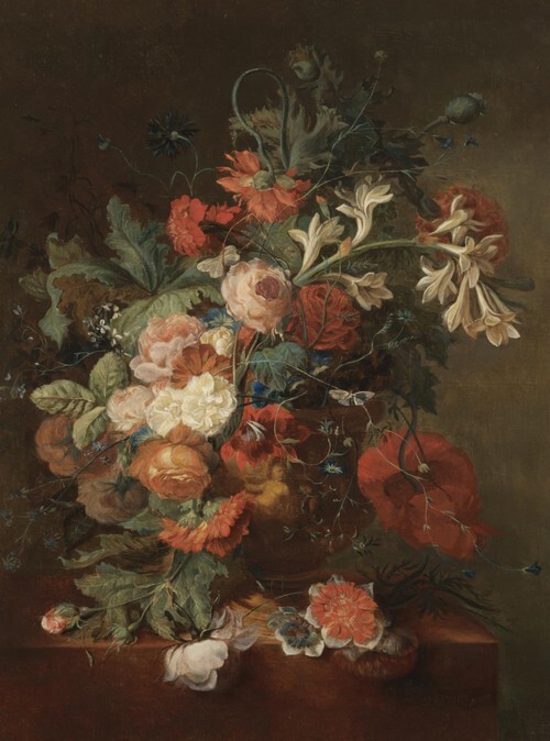 Still life with roses, morning glory, orange blossom and various other flowers together in an urn on a stone ledge