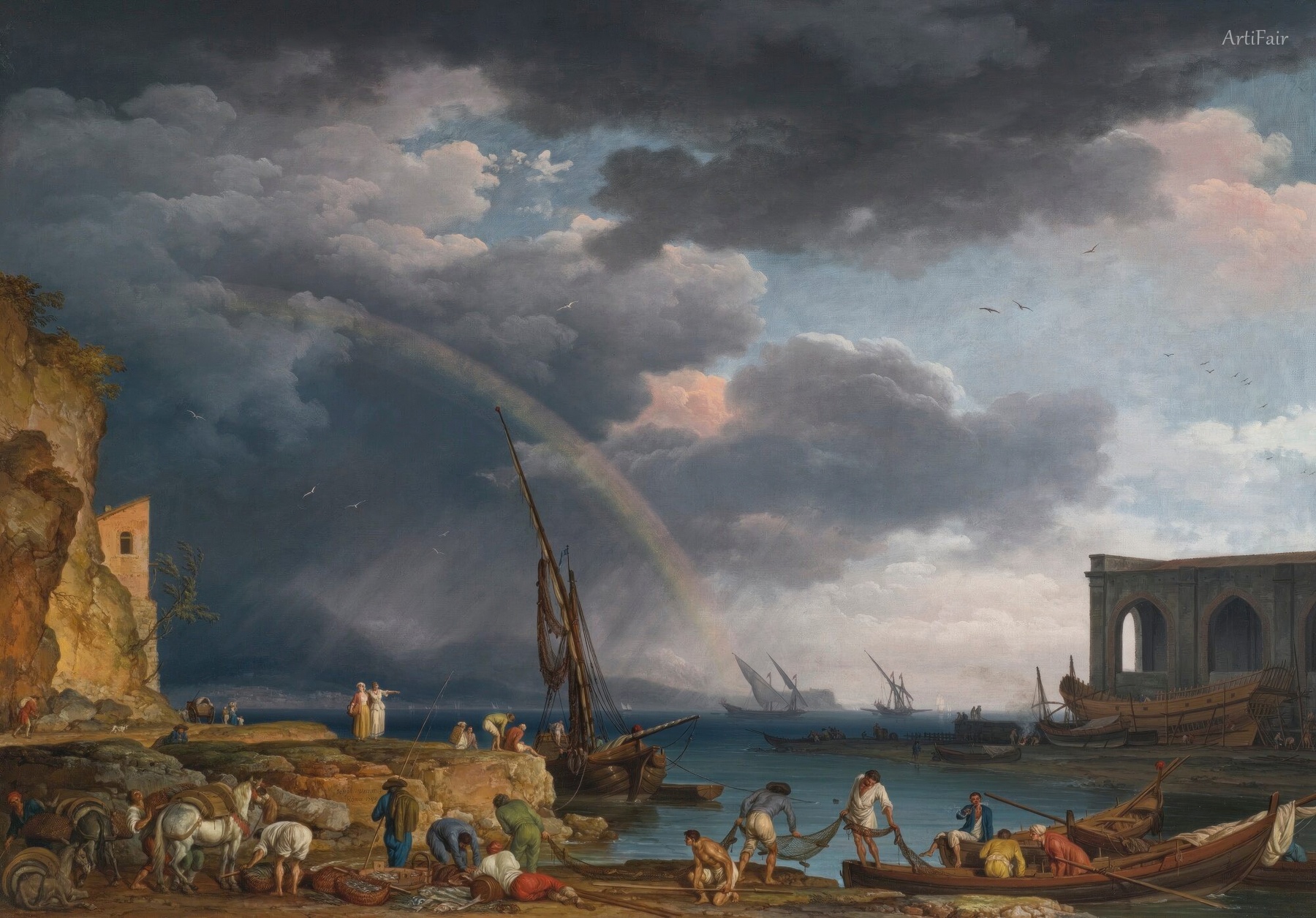 Coastal view with a rainbow, fishermen and peasants at an inlet, a shipwright's yard beyond