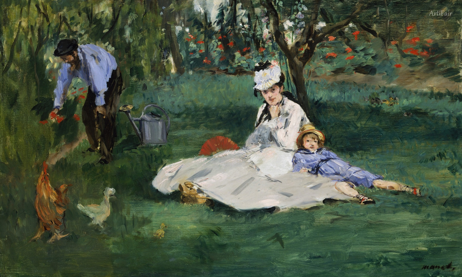 Rodina Monet v jejich zahradě v Argenteuil