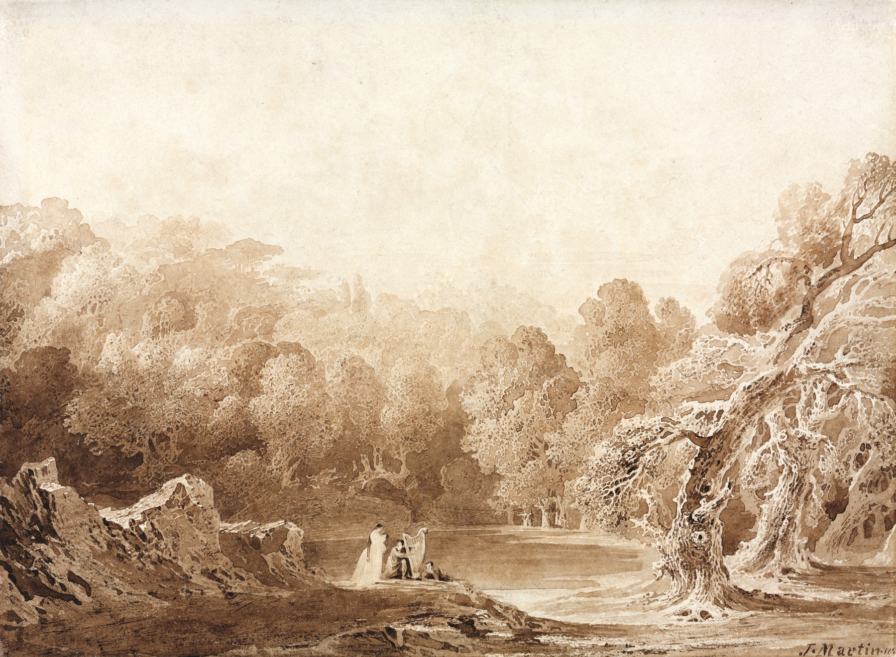 A Man Playing a Harp with other Figures beside a Lake