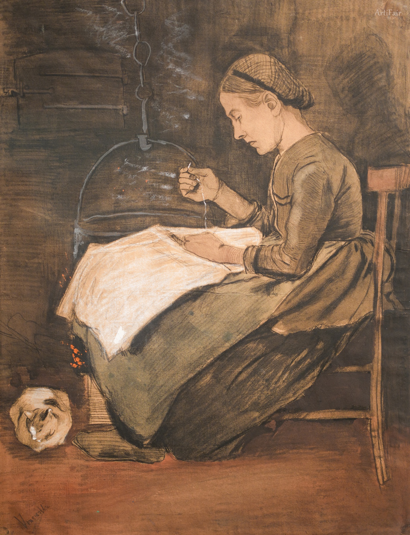 Woman sewing and cat