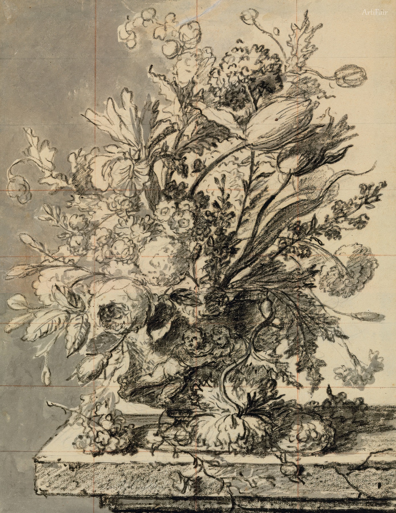 A bouquet of flowers in a terracotta vase resting on a ledge