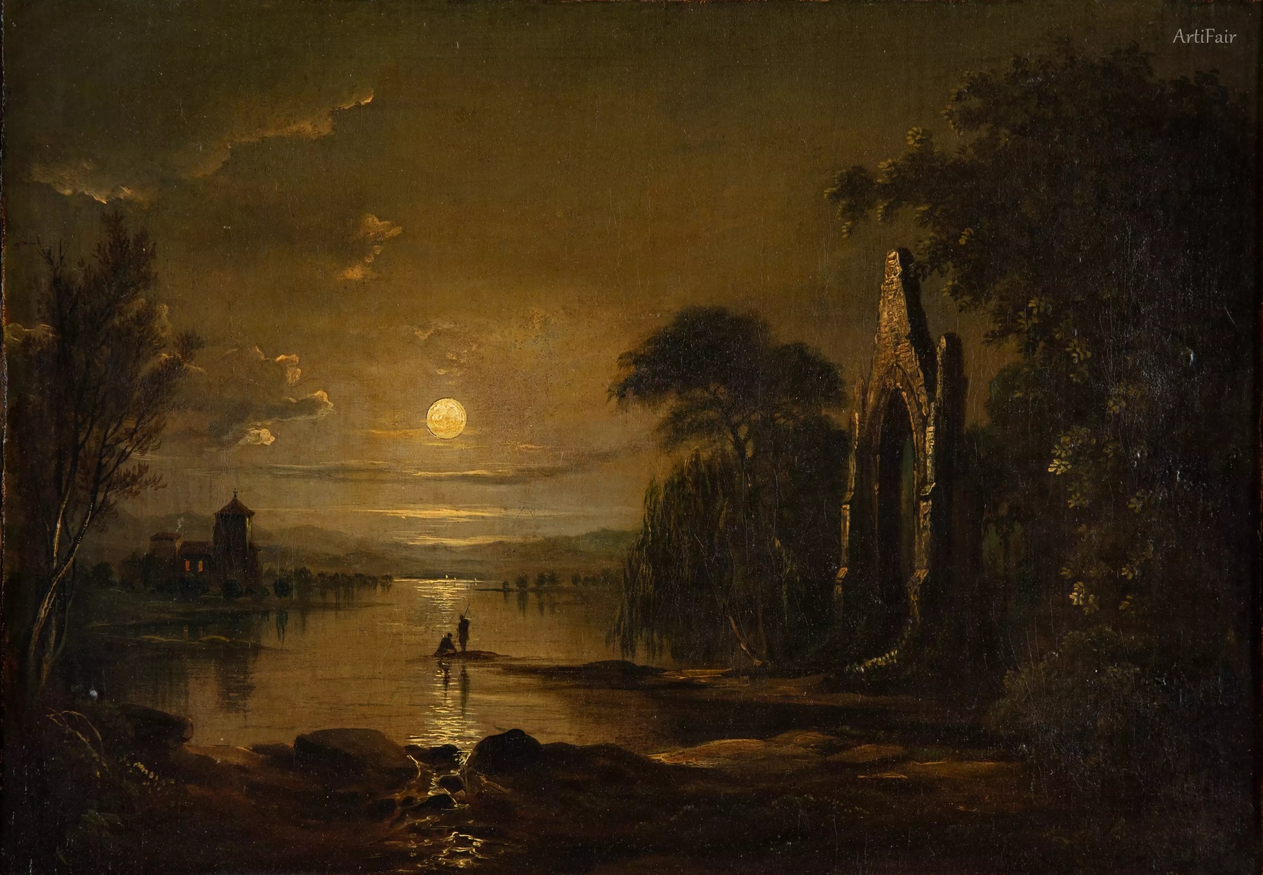 A moonlit river landscape