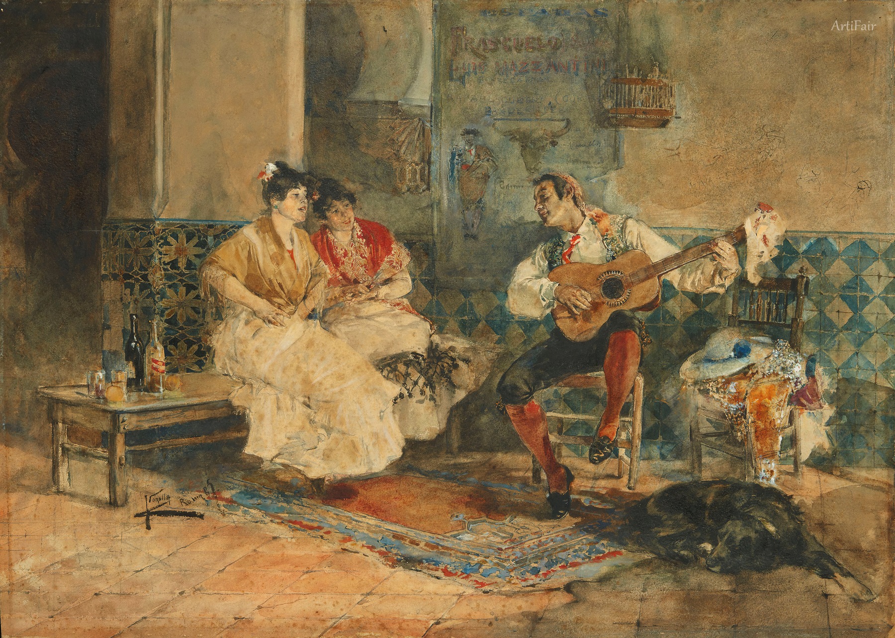 Two Women in an Interior Listening to a Guitarist