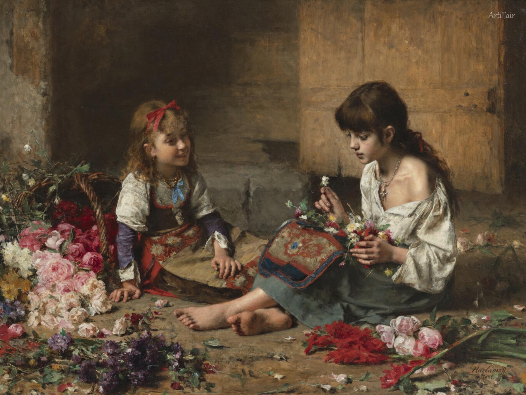 Two Young Girls Arranging Flowers