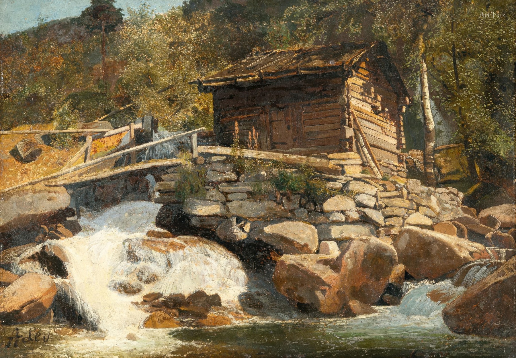 Norwegian Landscape with Wooden Cabin by a Mountain Stream