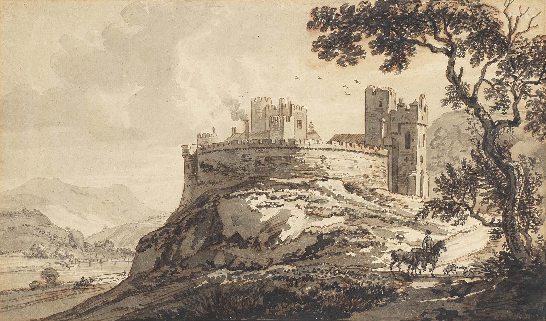 St Donat's Castle with a rider and dogs in the foreground