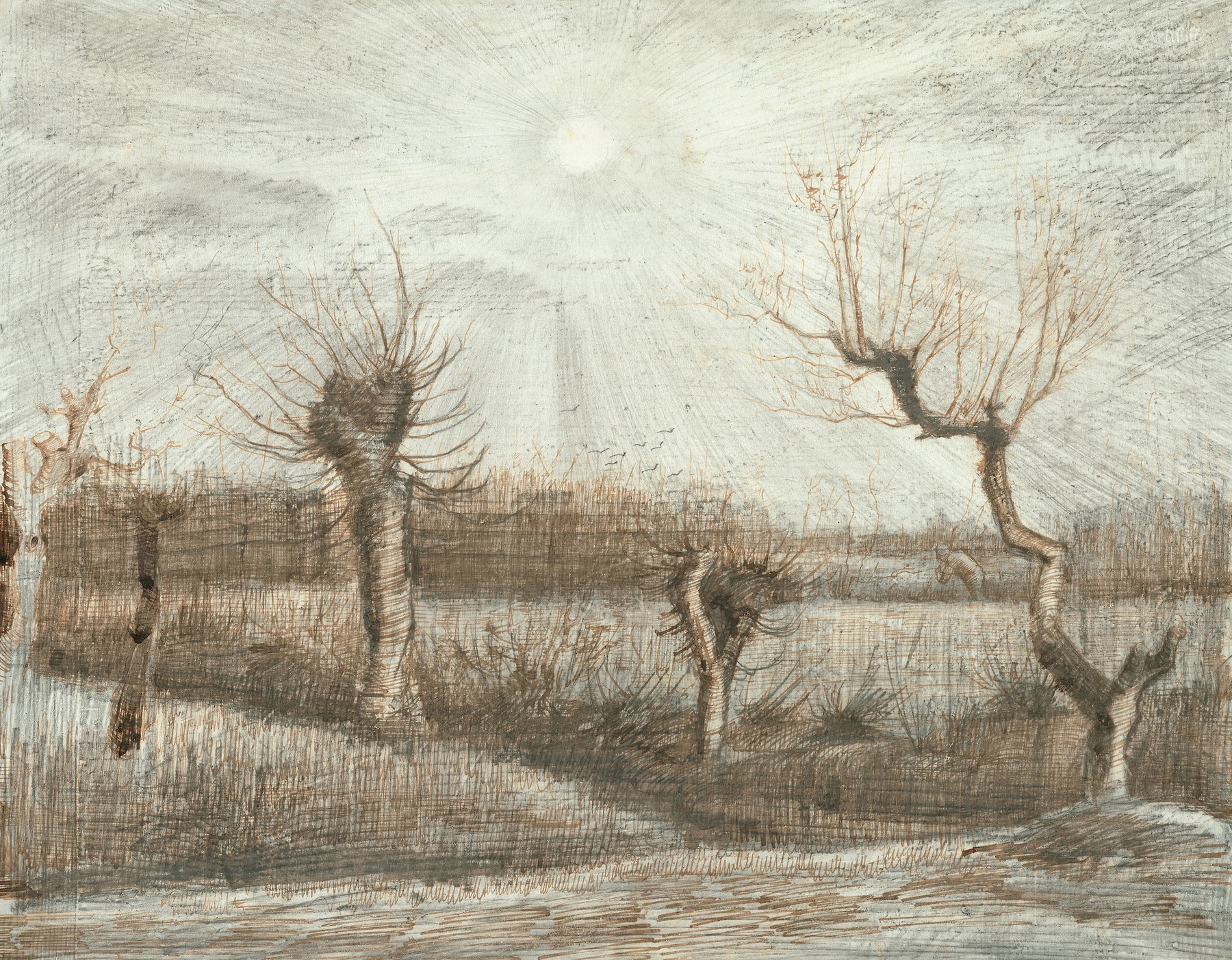 Landscape with Willows and Sun Shining Through the Clouds