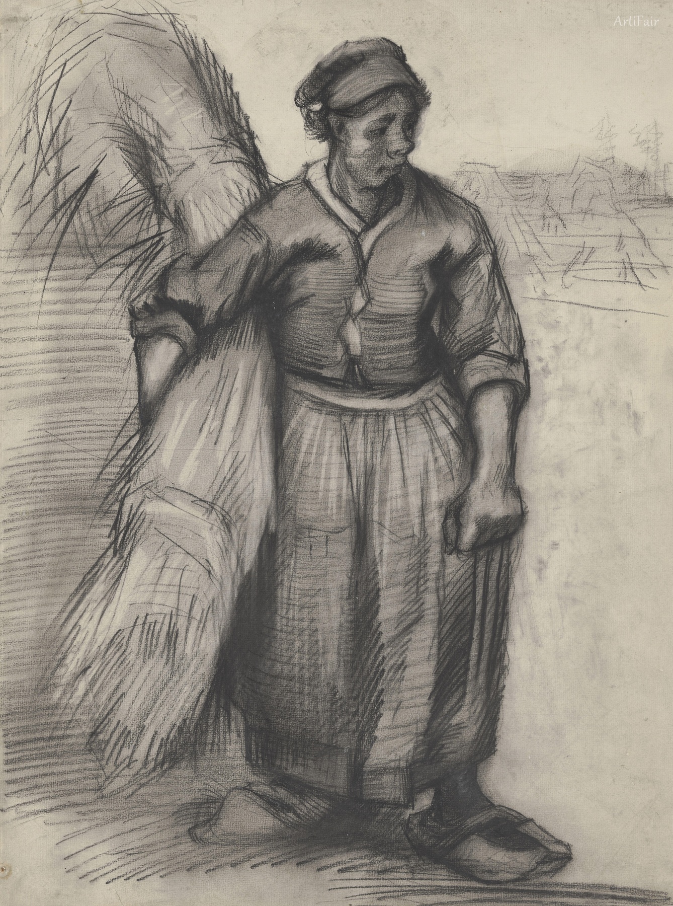 Peasant woman carrying a sheaf of grain