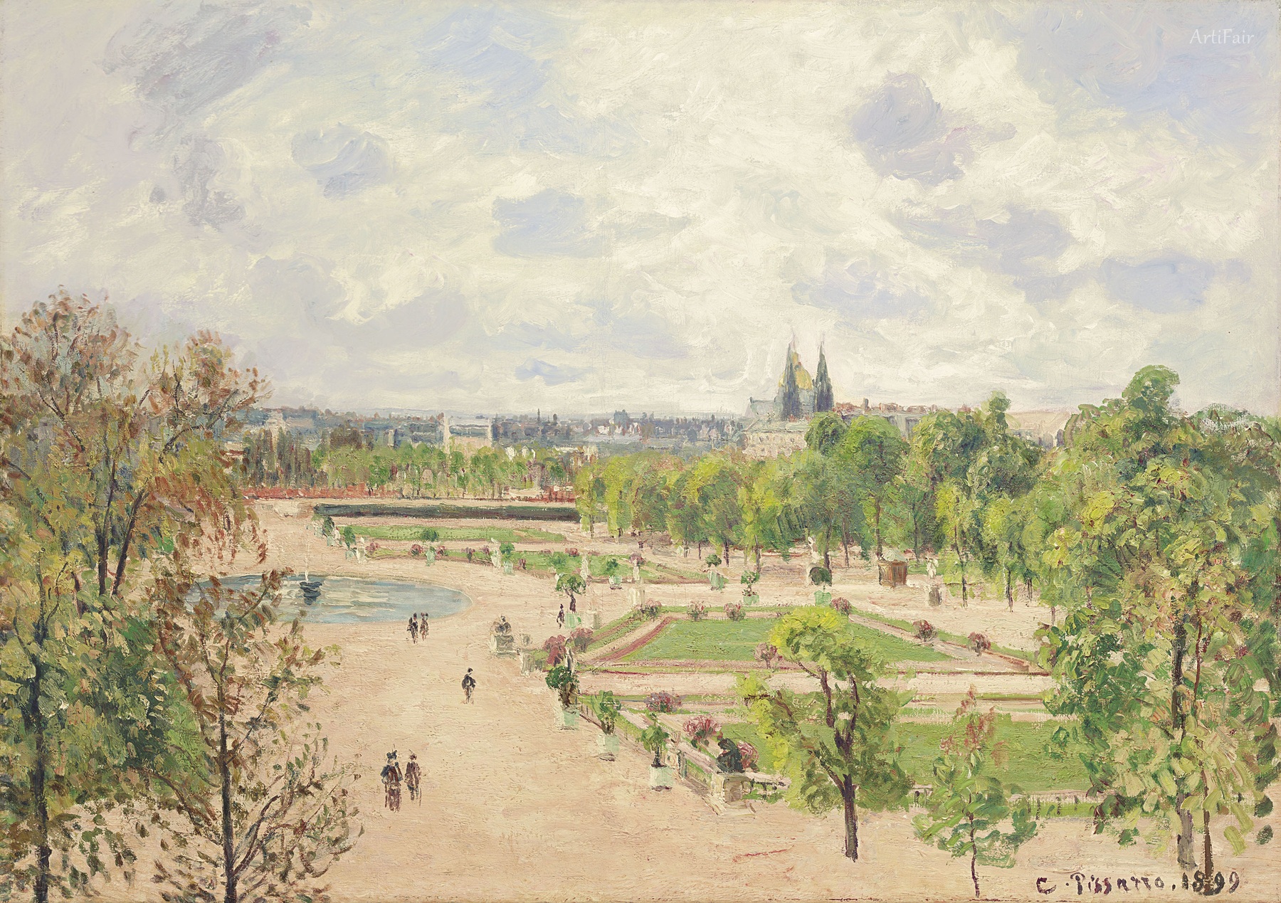 Zahrada Tuileries, jarní ráno, šedé počasí