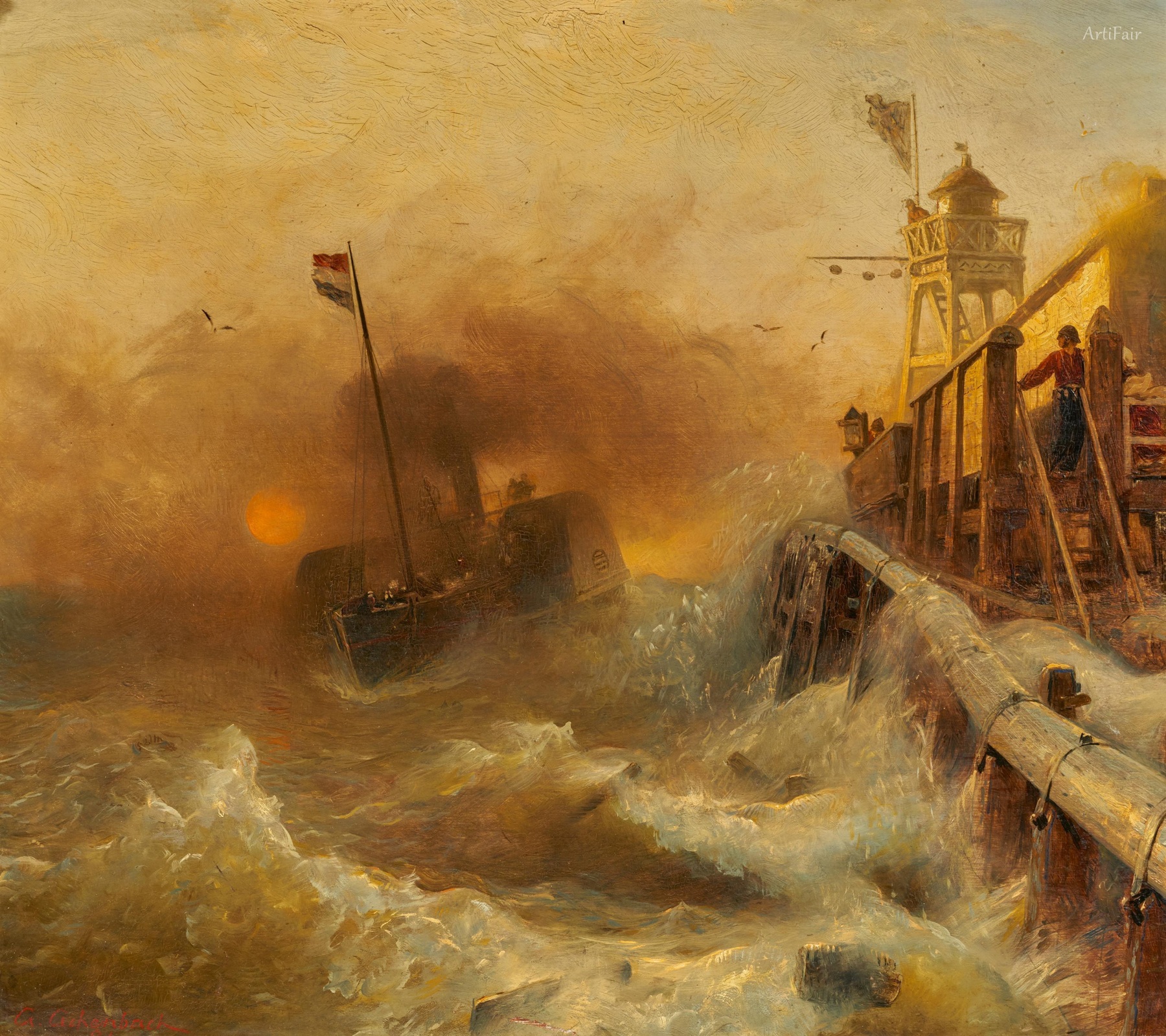 Steamboat in Heavy Seas off the Pier at Oostende