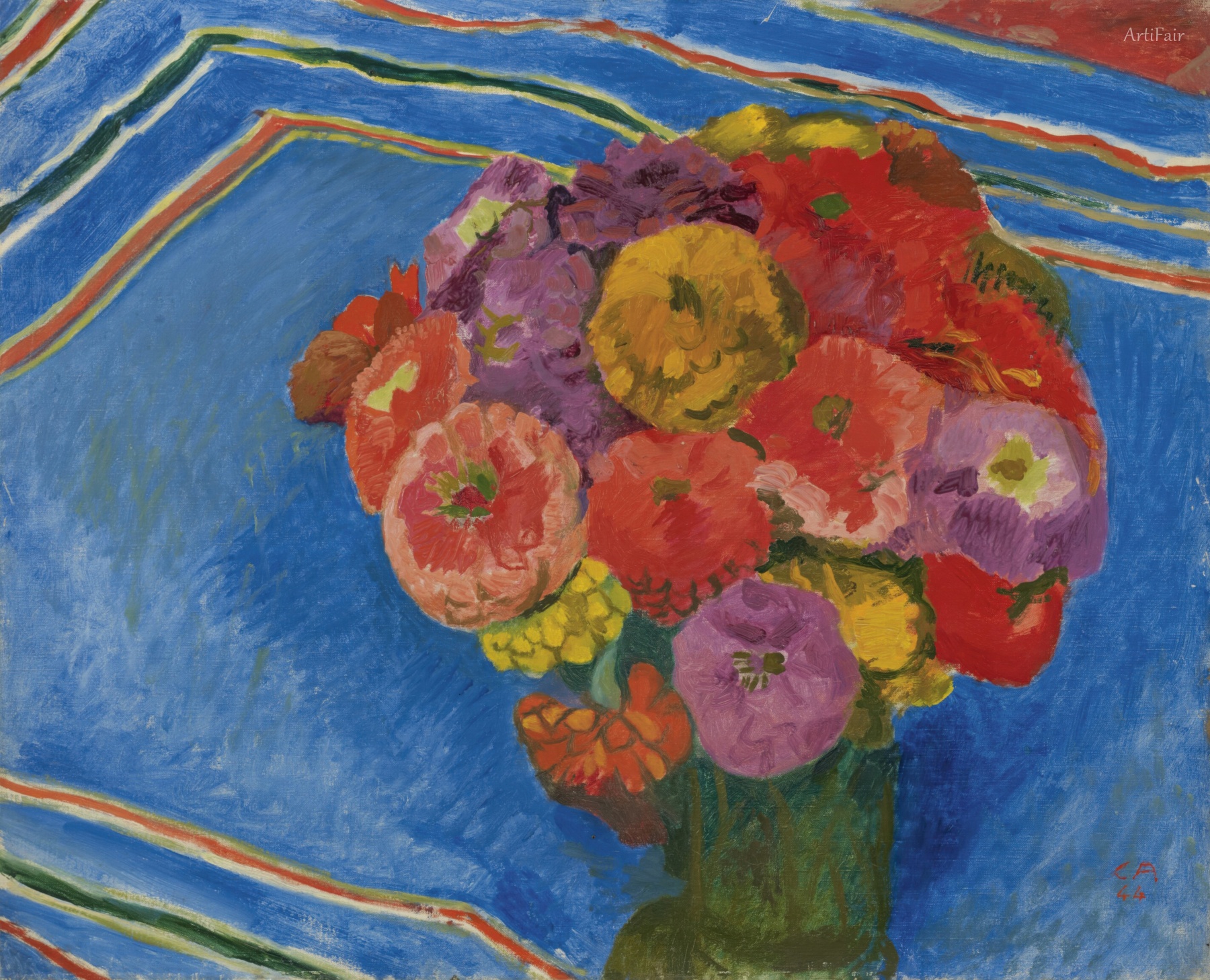 Zinnias on Blue Cloth