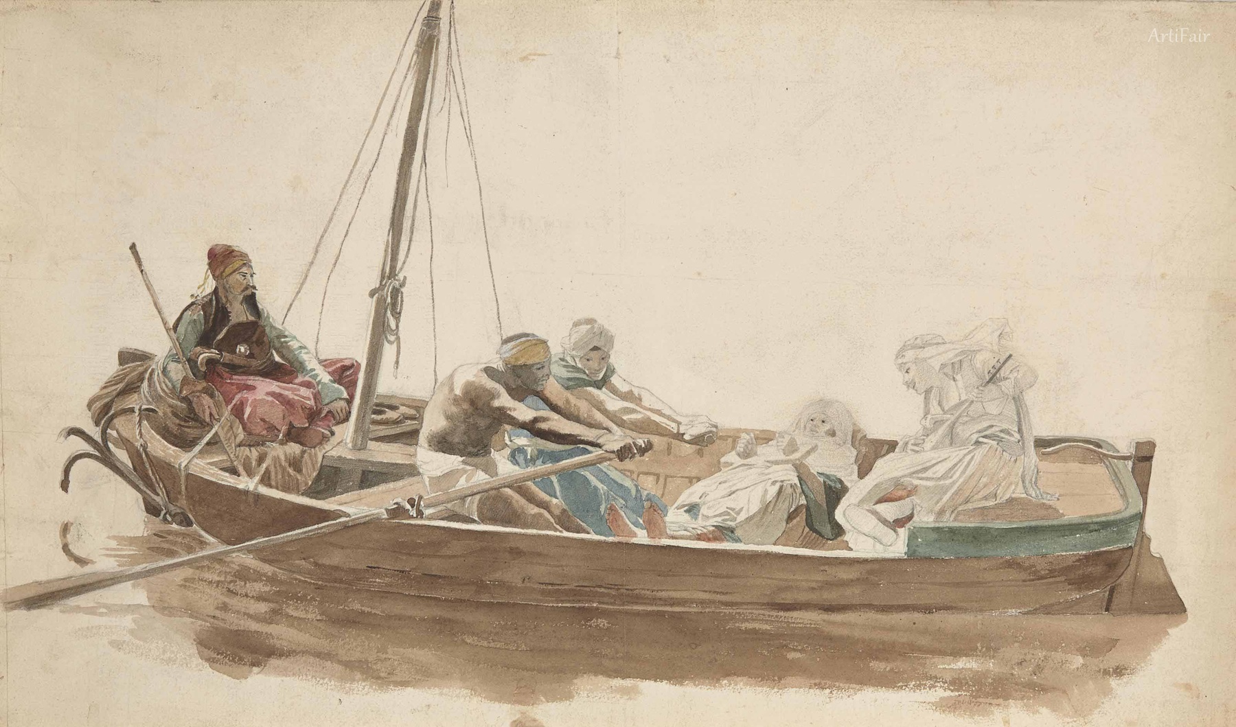 Prisoner Lying in a Boat with a Musician, Two Rowers, and an Oriental