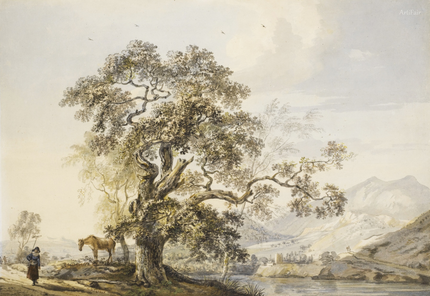 Figures and a Horse in a River Landscape