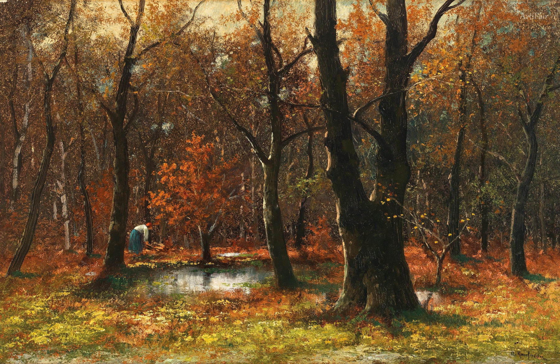 Wood Gatherer in Autumn Forest